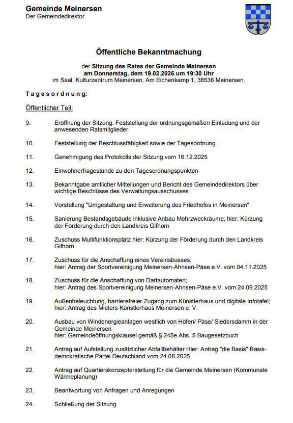 Einladung zur Sitzung des Rates der Gemeinde Meinersen am 19.02.2026