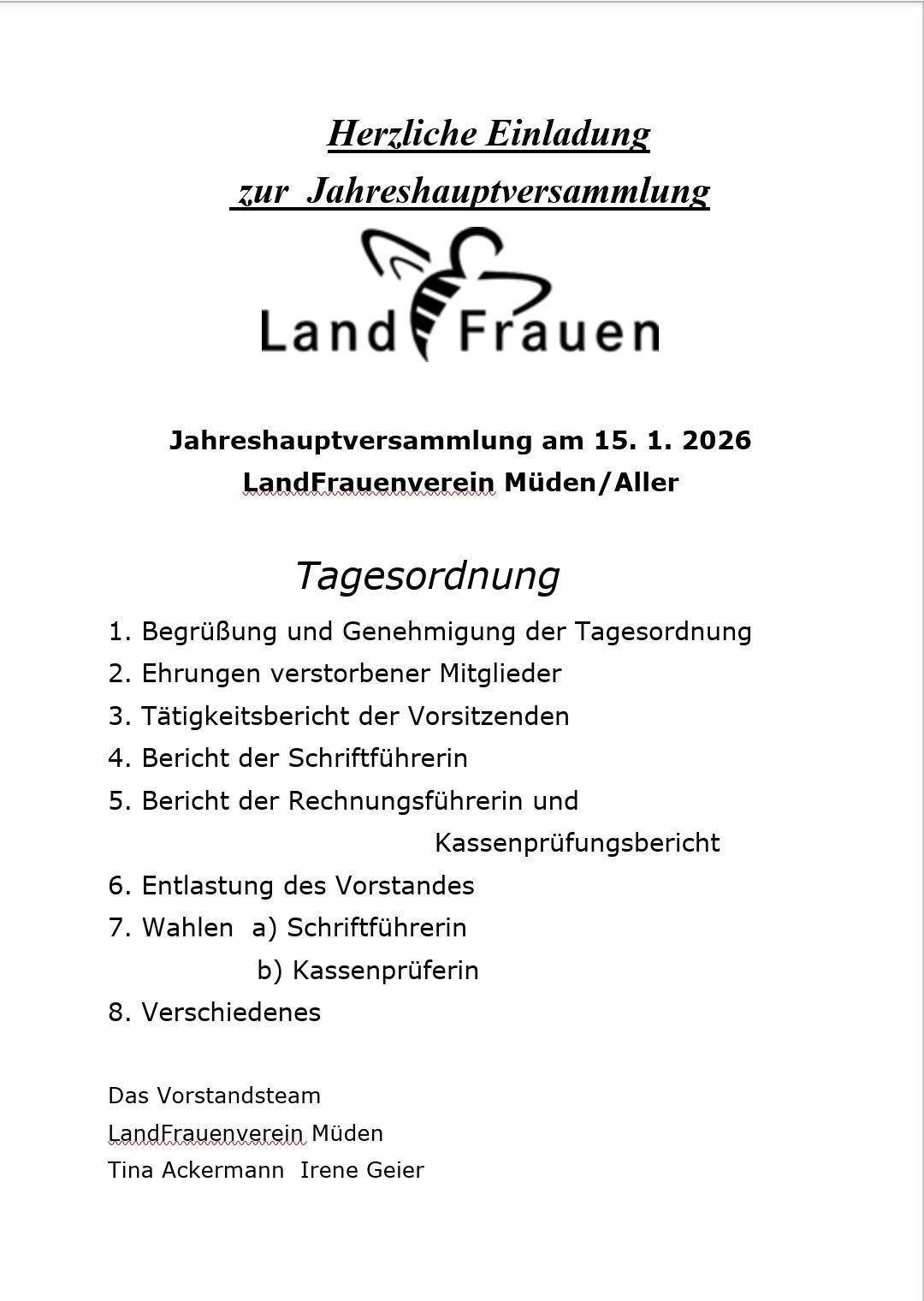 LandFrauen Müden - Einladung zur JHV am 15.01.2026