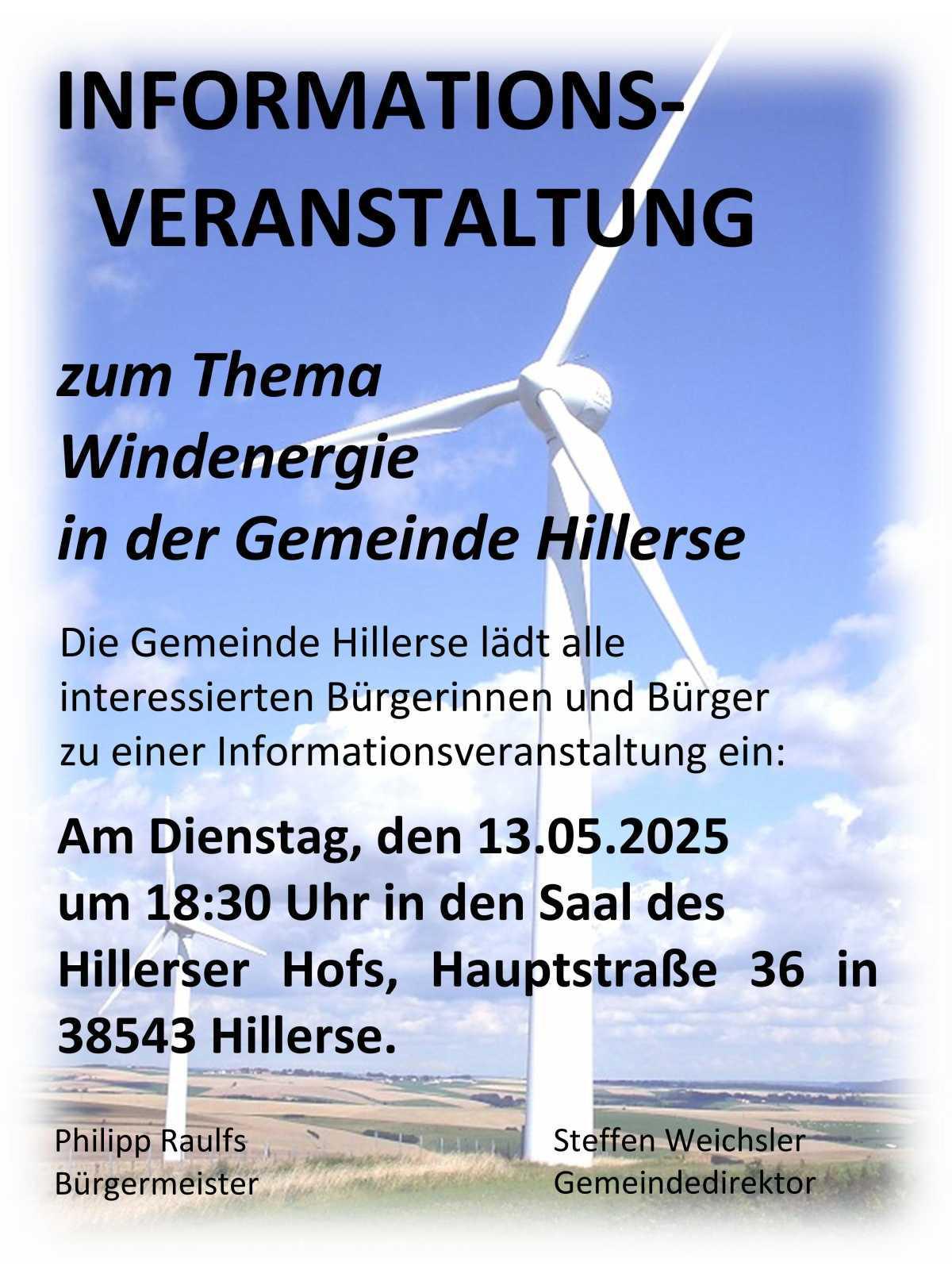 Gemeinde Hillerse lädt zur Informationsveranstaltung zum Thema "Windenergie".