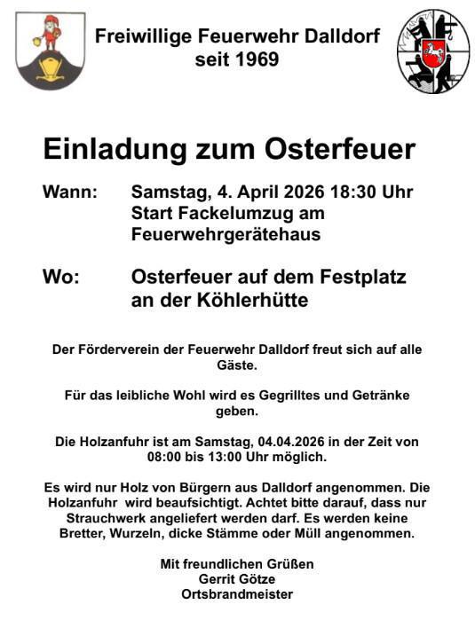 Ankündigung Dalldorf: Osterfeuer am 04.04.26