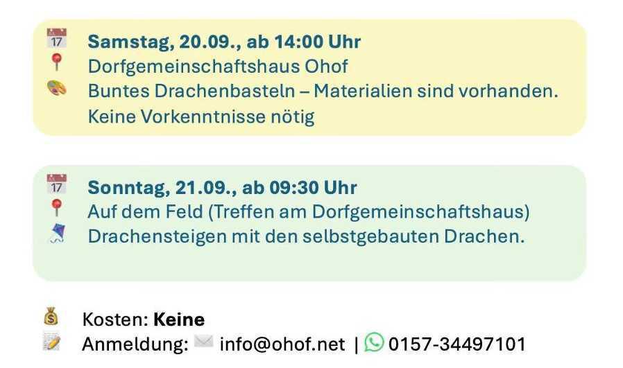 Dorfgemeinschaft Ohof lädt zum Drachen-Wochenende am 20.09.25