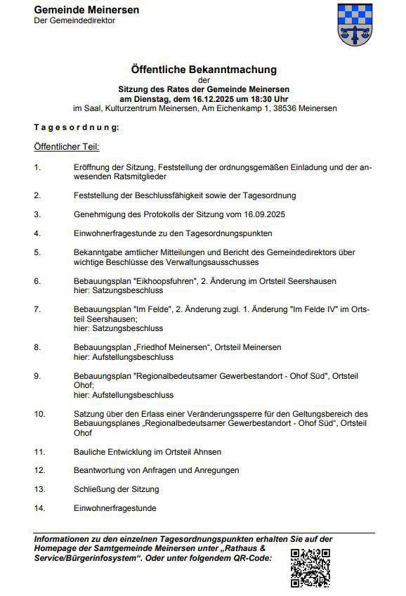 Öffentliche Sitzung des Rates der Gemeinde Meinersen