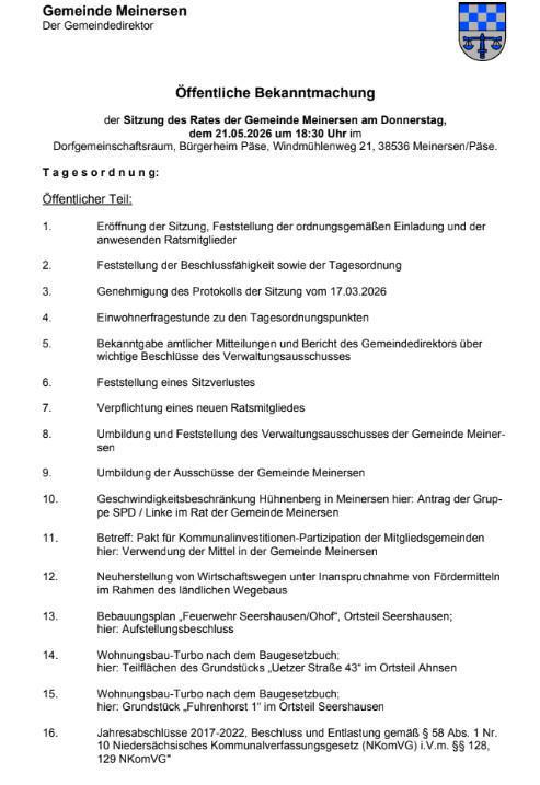 Öffentliche Sitzung des Rates der Gemeinde Meinersen Öffentliche Sitzung des Rates der Gemeinde Meinersen