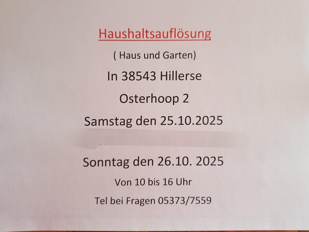 Ankündigung: Haushaltsauflösung in Hillerse