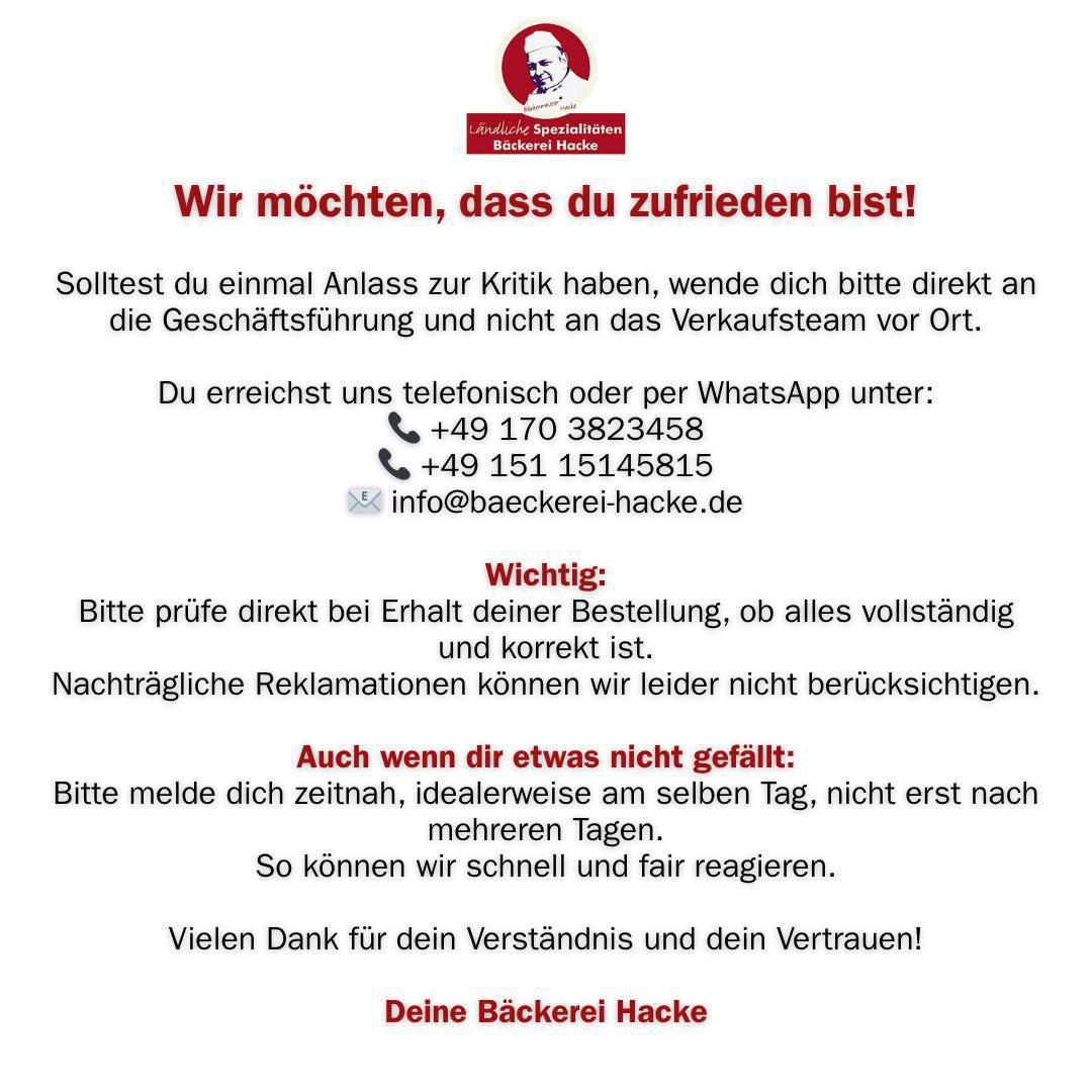 🍞🔥 Deine Zufriedenheit: Unser Versprechen – Dein direkter Draht zur Bäckerei Hacke.