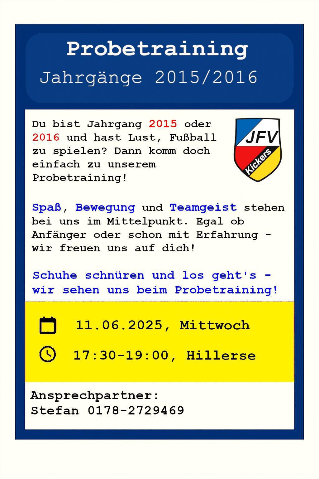 JFV Kickers - Probetraining Jahrgänge 2015 - 2016