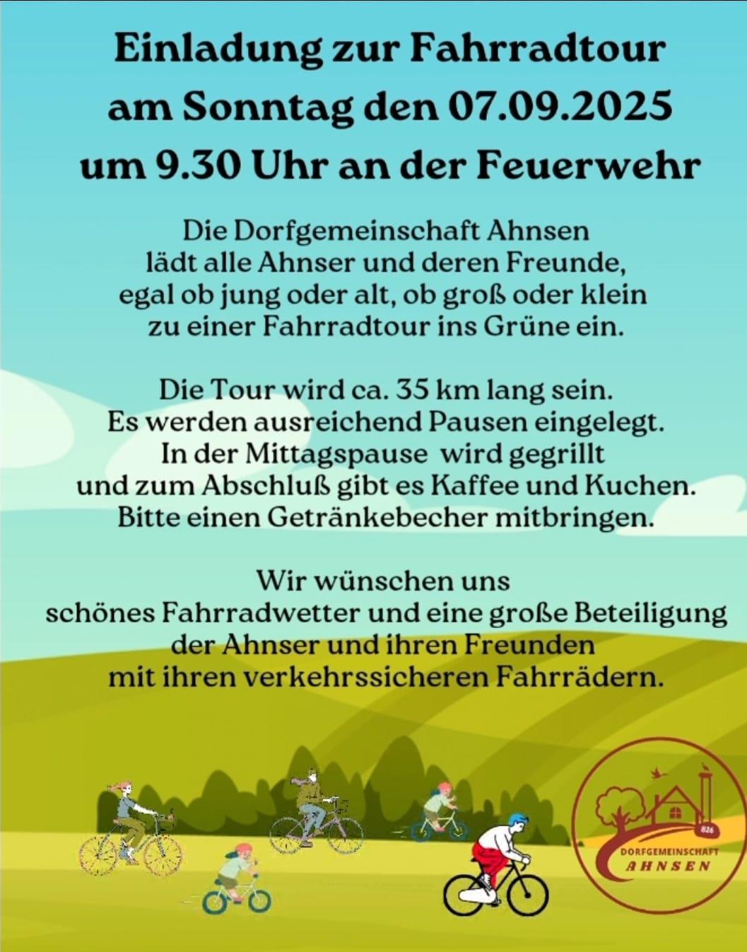 Dorfgemeinschaft Ahnsen lädt zur Fahrradtour am 07.09.25 ein