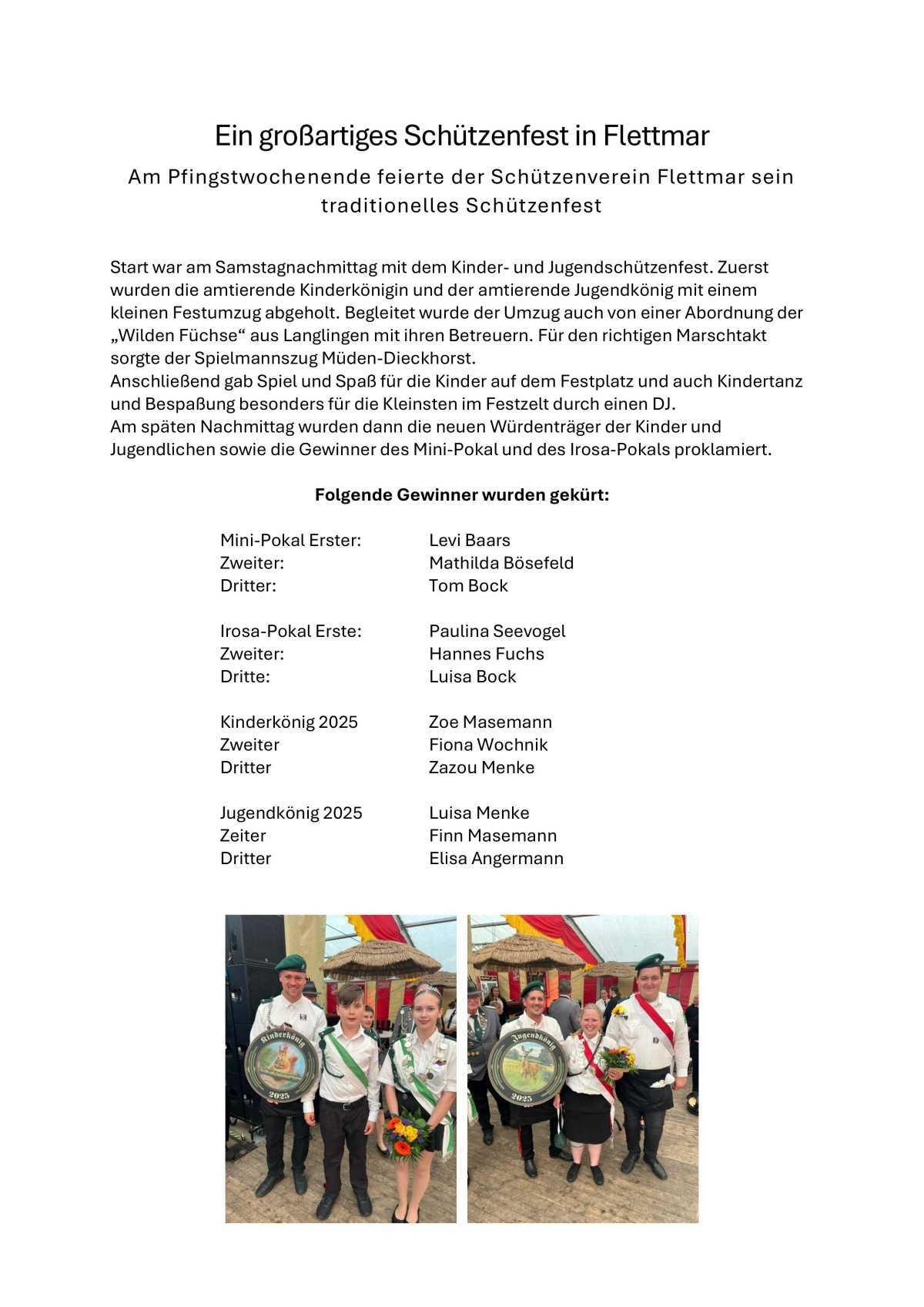 Ein großartiges Schützenfest in Flettmar Am Pfingstwochenende feierte der Schützenverein Flettmar sein traditionelles Schützenfest