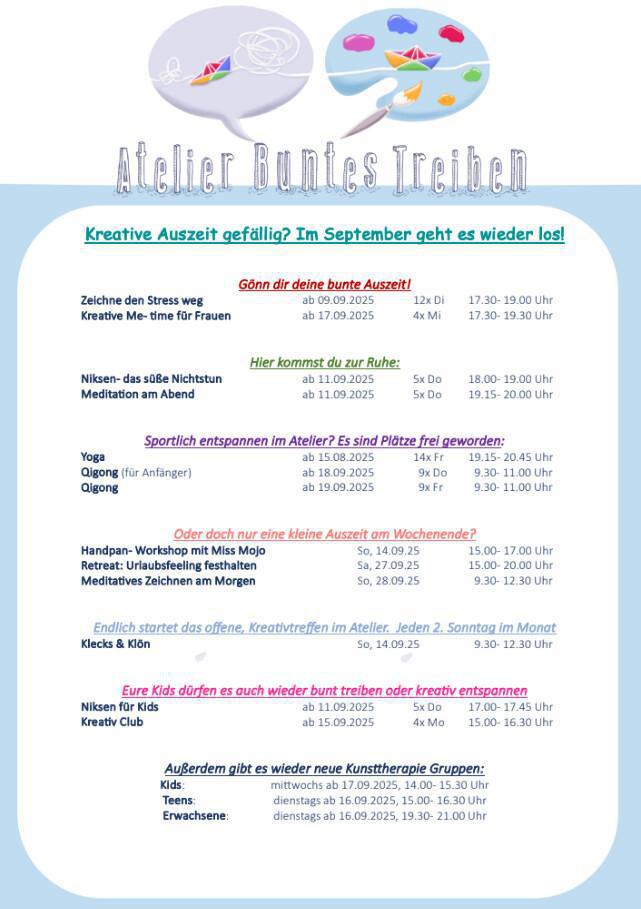 Du willst kreativ und entspannt sein? Buntes Treiben im September mit Farbe, Entspannung und Sport im Atelier.