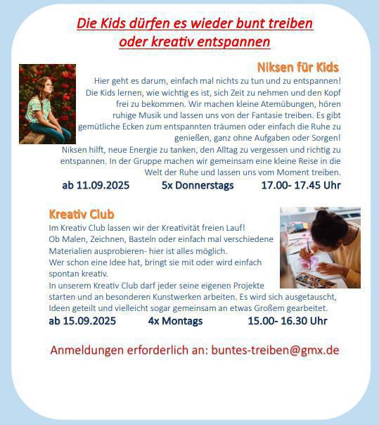 Es sind noch Plätze frei. Schnell noch anmelden! Buntes Treiben im September mit Farbe, Entspannung und Sport im Atelier.
