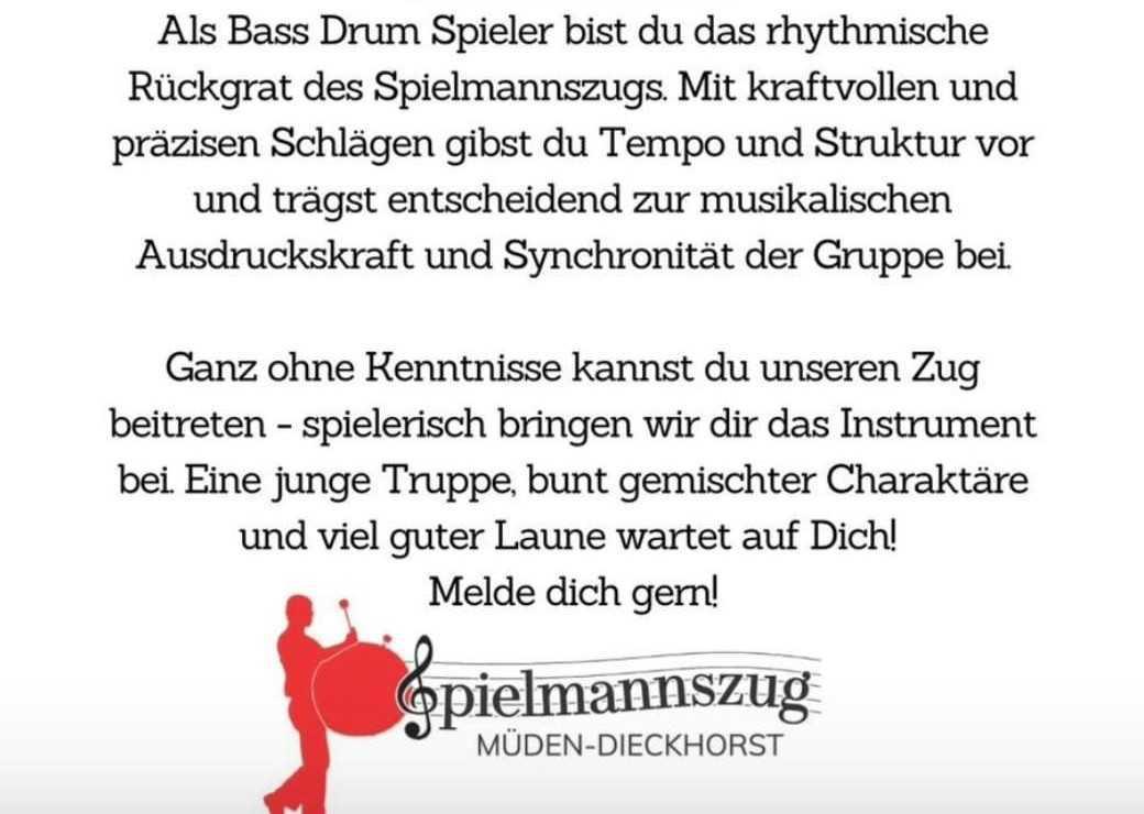 Spielmannszug Müden-Dieckhorst sucht Bassdrum-Spieler (m/w/d)
