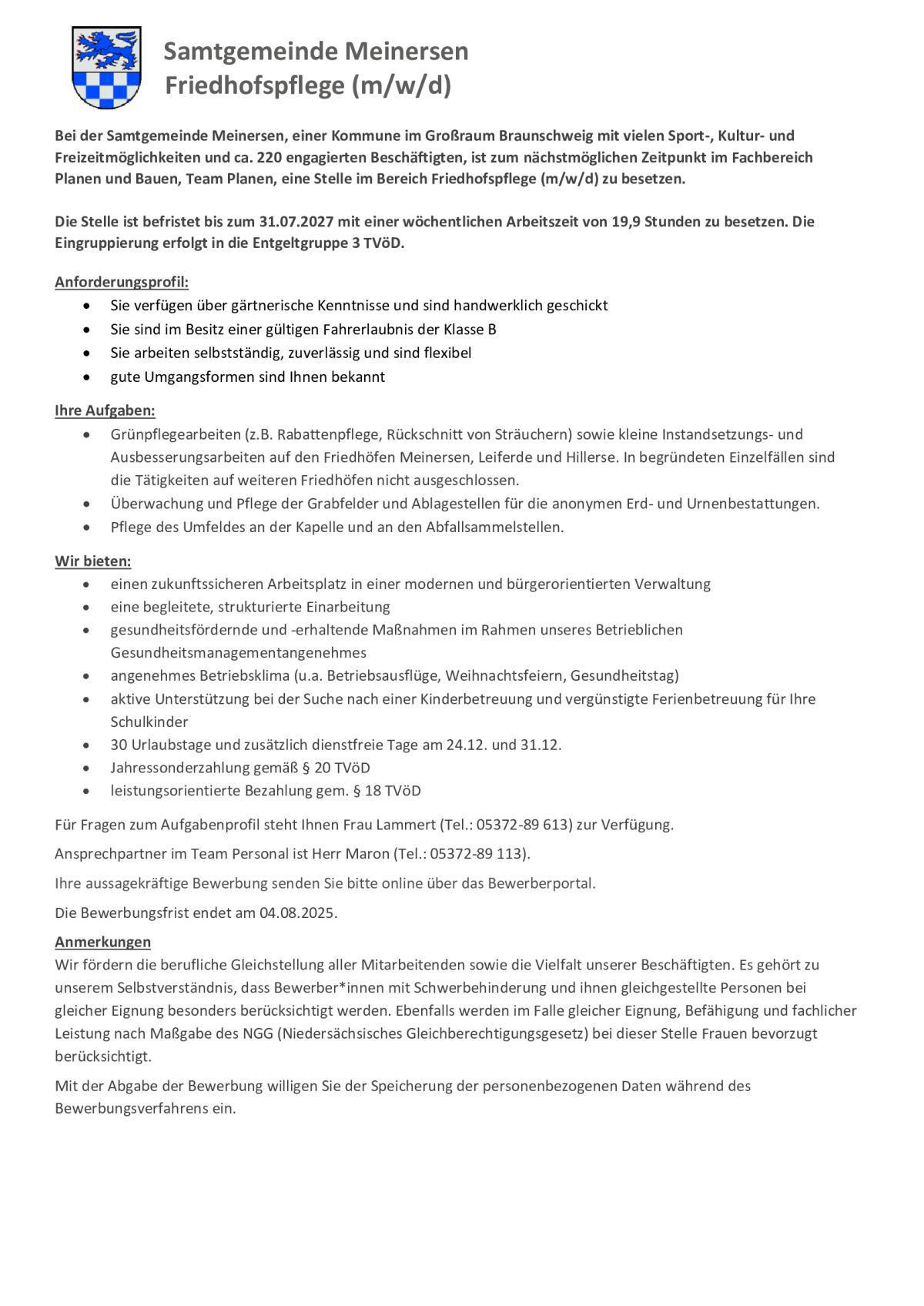 Samtgemeinde Meinersen sucht Mitarbeitende für den Bereich Friedhofspflege