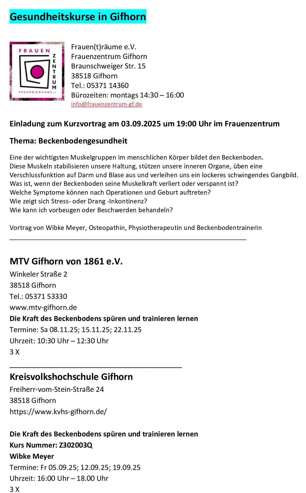 Von Beckenbodentraining bis ‚Fit und entspannt nach der Schwangerschaft‘ Gesundheitskurse in Gifhorn & Uetze!