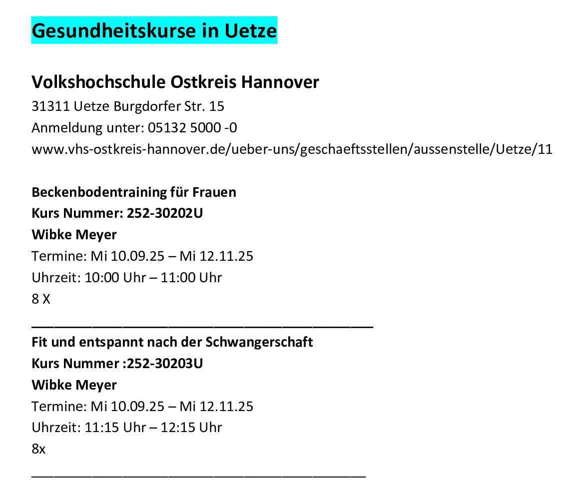 Von Beckenbodentraining bis ‚Fit und entspannt nach der Schwangerschaft‘ Gesundheitskurse in Gifhorn & Uetze!