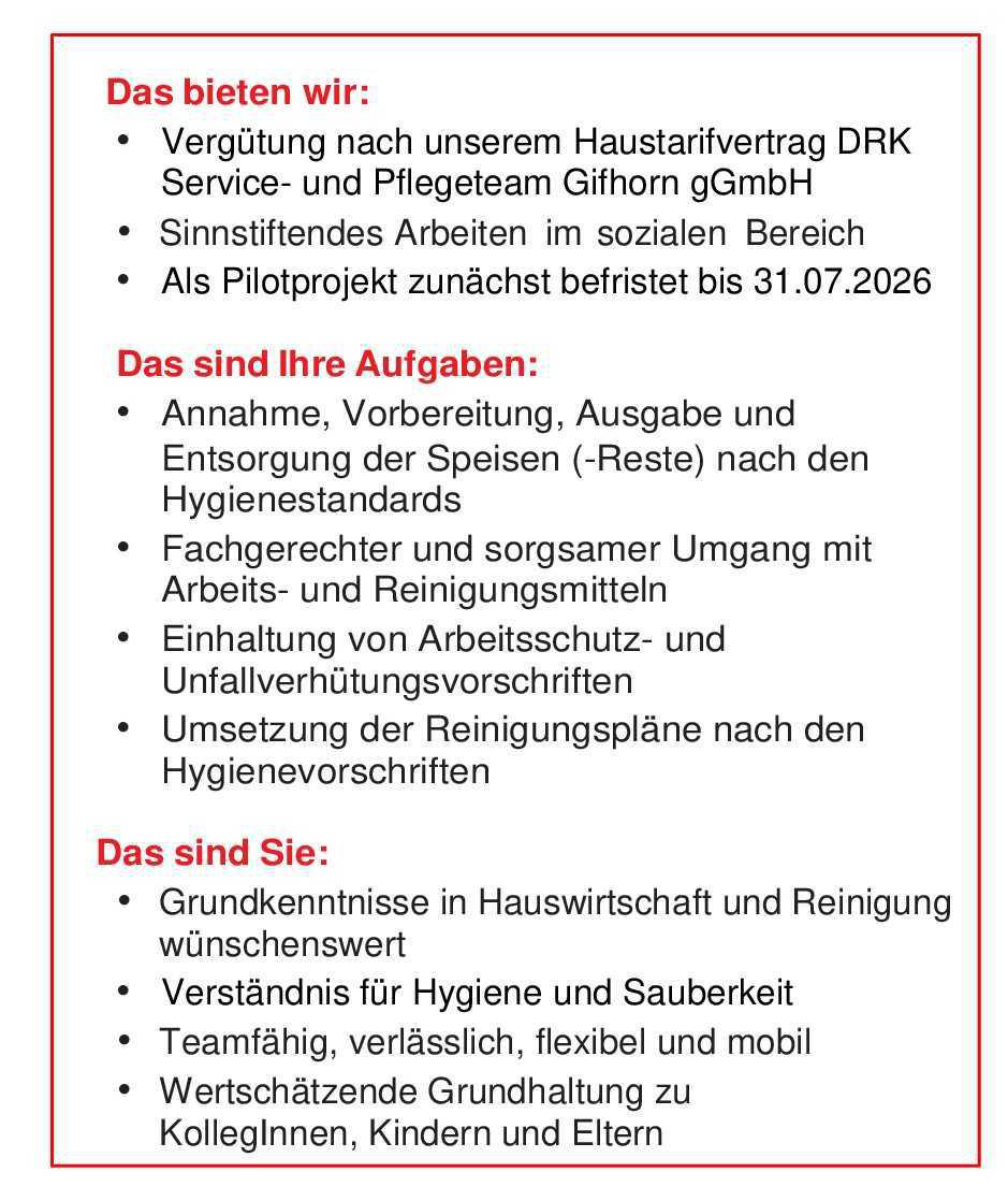 DRK sucht Servicekraft (m/w/d) für die Kitas der SG Meinersen