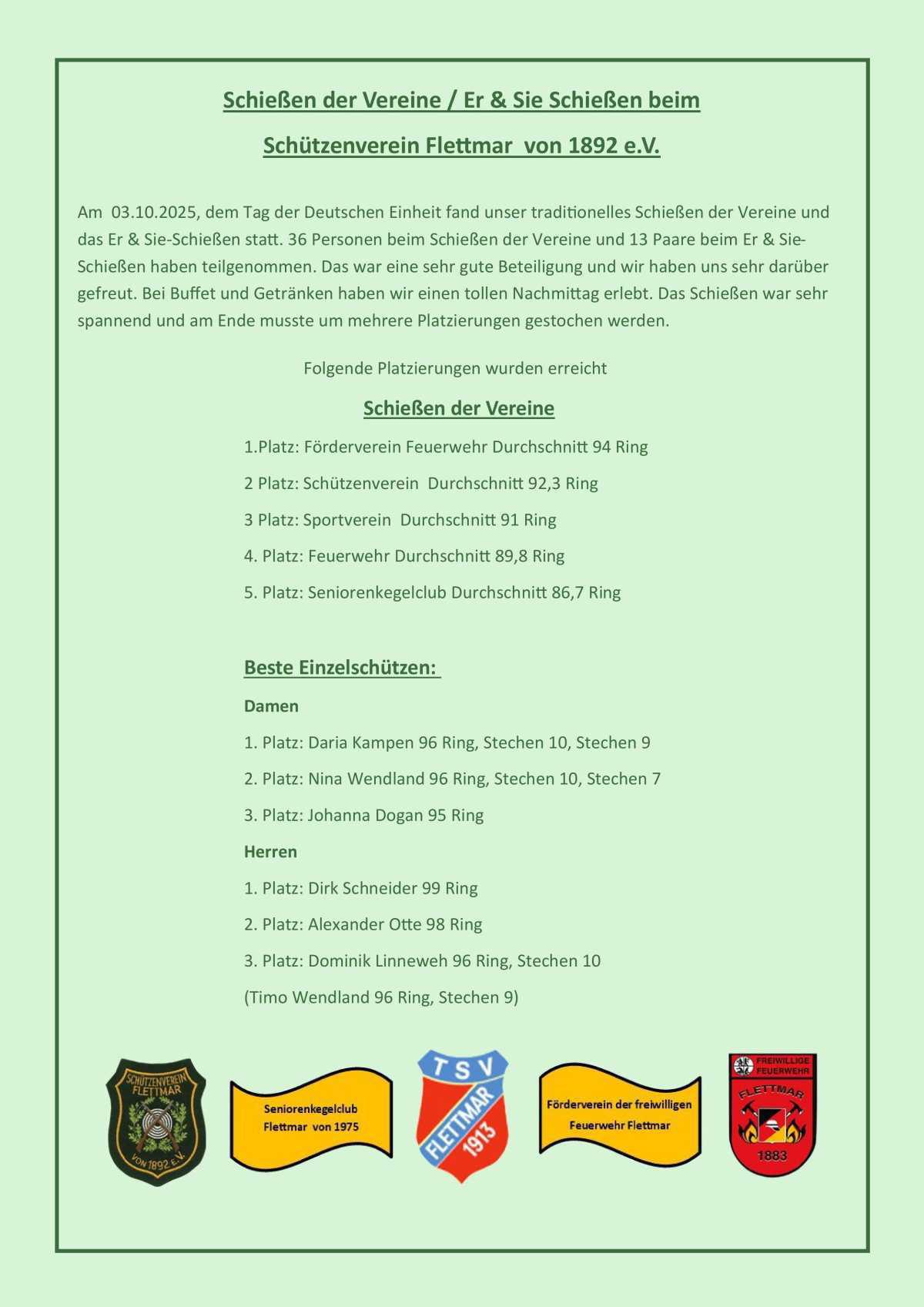 Schützenverein Flettmar informiert: 🥇 Förderverein Feuerwehr siegt beim Schießen der Vereine – Rebecca und Marc Stelter gewinnen Er & Sie-Schießen