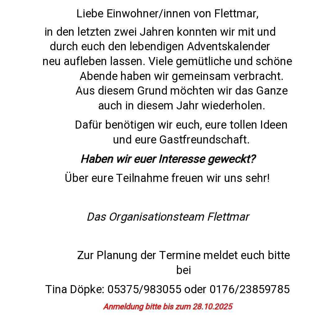 Gastgeber gesucht: Macht mit beim lebendigen Adventskalender 2025 in Flettmar!