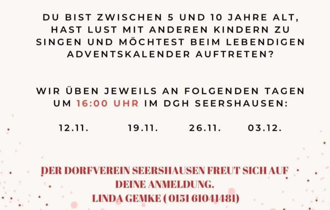 🎶👧🎄Der Dorfverein Seershausen sucht Kinder zwischen 5 und 10 Jahren, die Lust haben, beim Lebendigen Adventskalender mitzusingen. ✨👦