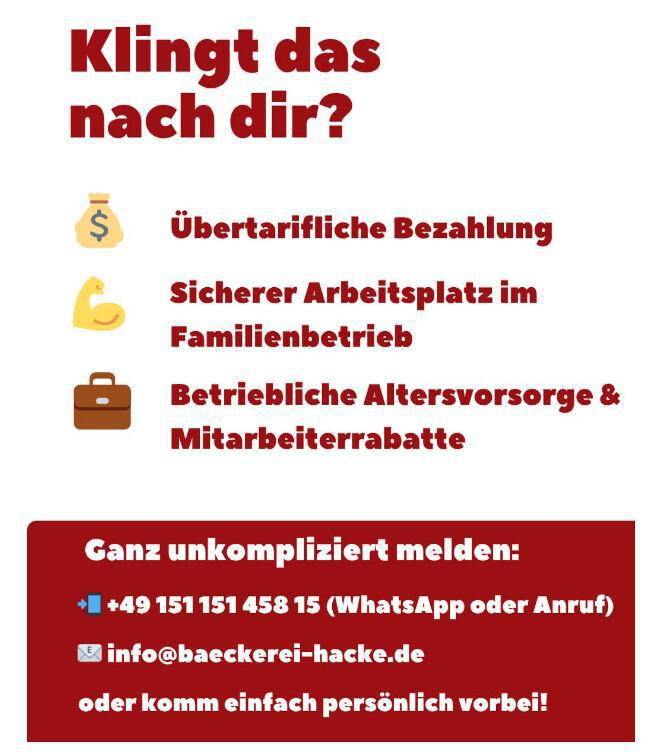 Für unsere Bäckerei Hacke suchen wir eine Reinigungskraft (m/w/d) auf Minijob-Basis – immer samstags.