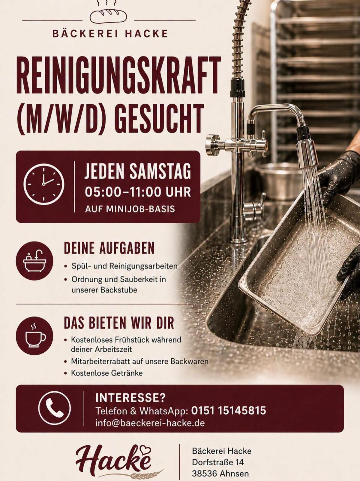 Bäckerei Hacke sucht für Samstags Reinigungskraft (m/w/d) 