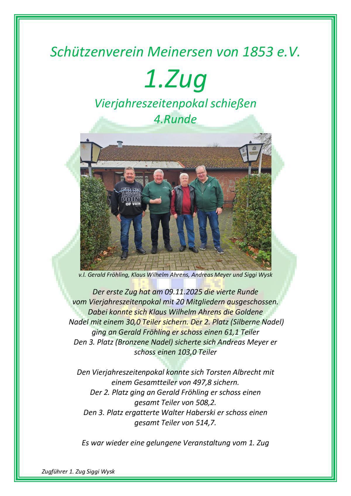 🏆Klaus Wilhelm Ahrens gewinnt die vierte Runde des Vierjahreszeitenpokals – Starke Leistungen vom 1. Zug des Schützenvereins Meinersen 🏆