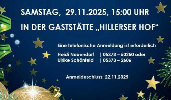 Die Gemeinde Hillerse und der DRK-Ortsverein laden alle Bürger ab 60 Jahre zur diesjährigen Weihnachtsfeier ein!