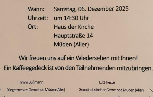Einladung zur Senior*innen -Adventsfeier der Gemeinde Müden am 06.12.25