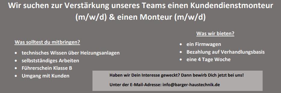 Kundendienstmonteur (m/w/d) und Monteur (m/w/d) gesucht.