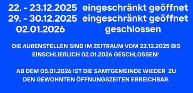 Eingeschränkte Öffnungszeiten vor und zwischen den Feiertagen Eingeschränkte Öffnungszeiten vor und zwischen den Feiertagen