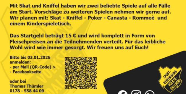 SV Volkse-Dalldorf lädt am 10.01.2026 zum traditionellen Knobel- & Kartenturnier ein.