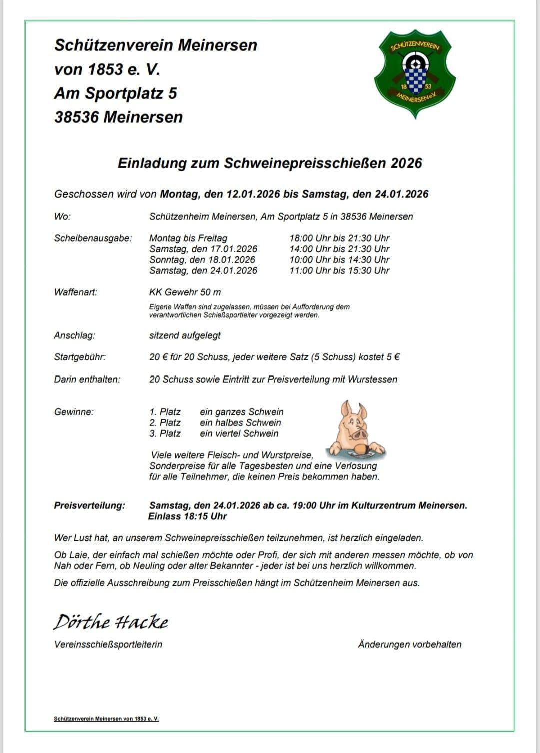 🎯 Einladung zum Schweinepreisschießen 2026 vom Schützenverein Meinersen!