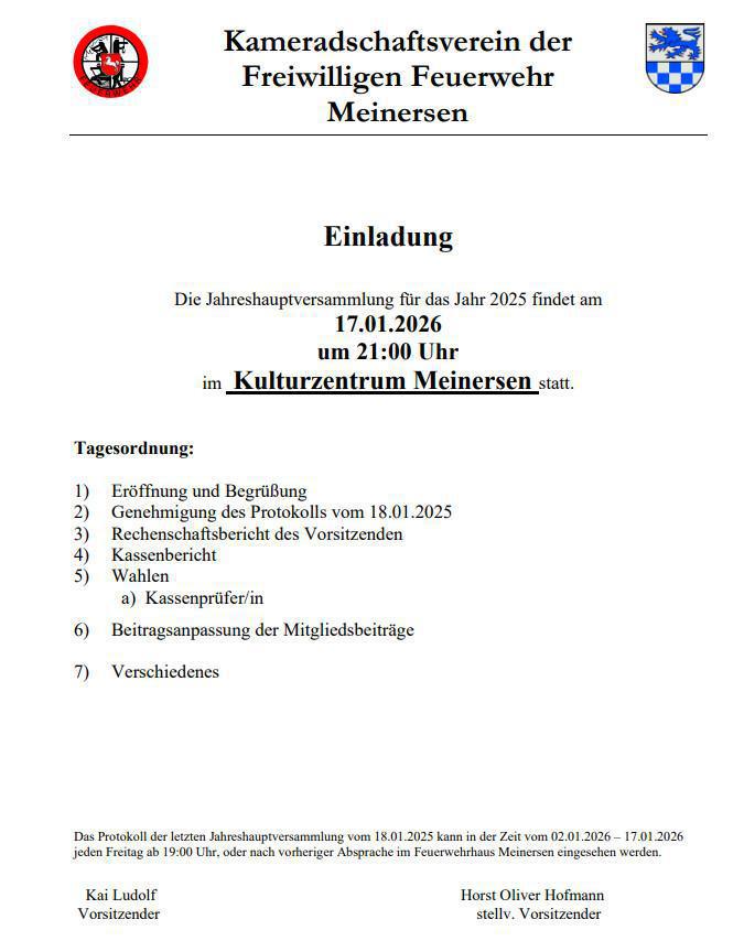 Einladung zur JHV der FFW Meinersen und des Kameradschaftsvereins der FFW Meinersen am 17.01.2026