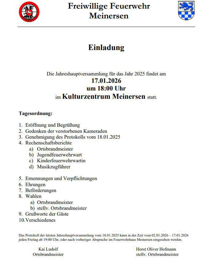 JHV der FFW Meinersen und des Kameradschaftsvereins der FFW Meinersen