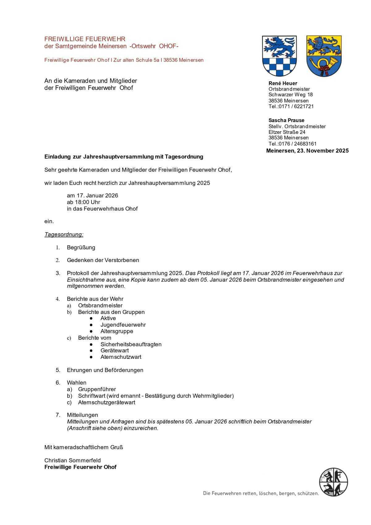 Ankündigung JHV FFW Ohof und des Feuerwehrfördervereins Ohof am 17.01.2026