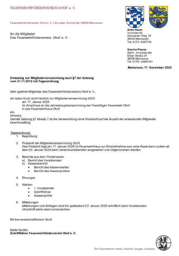 JHV FFW Ohof und des Feuerwehrfördervereins Ohof 