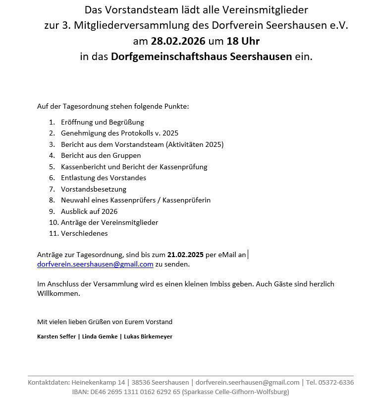 Einladung zur 3. öffentlichen Mitgliederversammlung des Dorfverein Seershausen e.V.