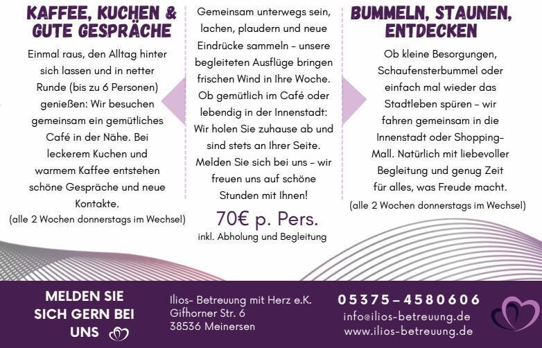 Gemeinsam statt einsam - Kaffee, Kuchen oder Stadtbummel mit Begleitung und Fahrdienst - jeden Donnerstag