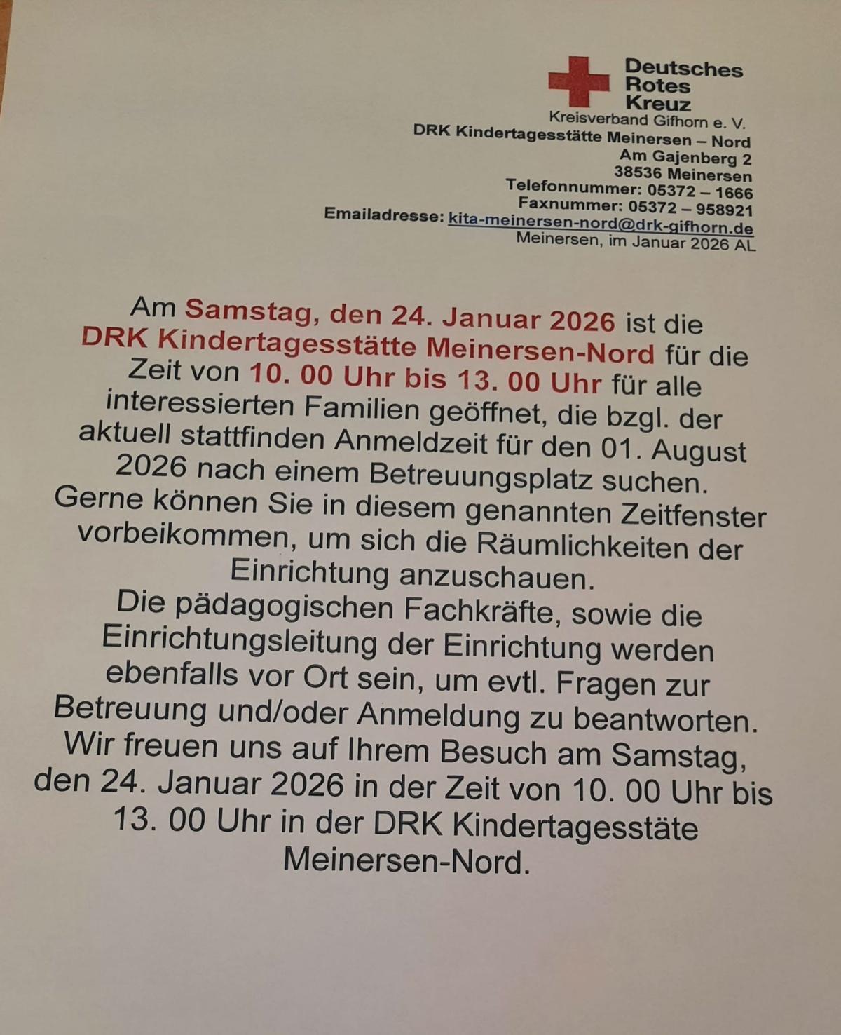 DRK-Kita Meinersen-Nord öffnet am 24. Januar 2026 für interessierte Familien