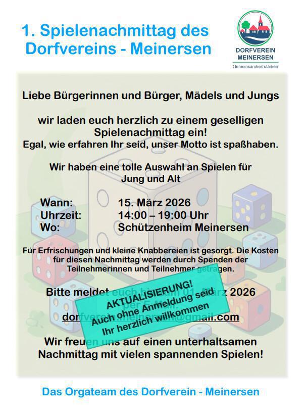 Meinerser Spielenachmittag am 15.03.26 für alle Bürger und Bürgerinnen! Auch ohne Anmeldung seid Ihr herzlich willkommen!
