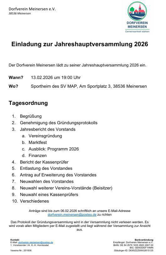 Einladung zur JHV Dorfverein Meinersen am 13.02.2026