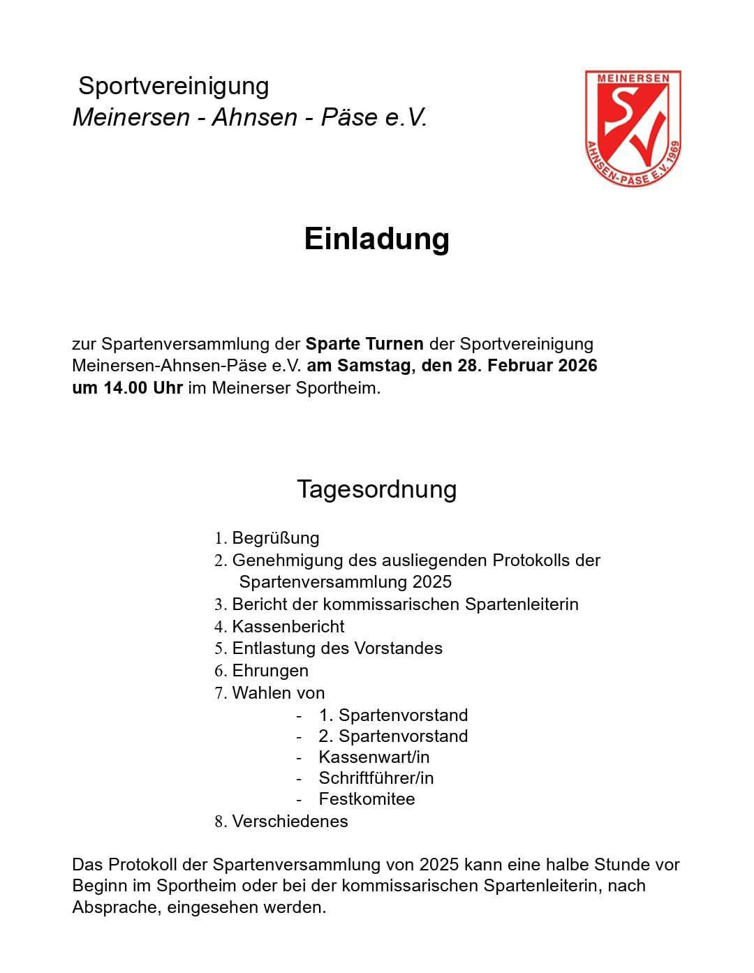 Einladung zur JHV - Sparte Turnen SV MAP