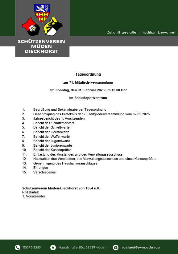 Schützenverein Müden-Dieckhorst lädt zur Mitgliederversammlung am 01.02.26 ein.