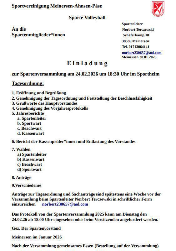 Einladung zur JHV - Sparte Volleyball SV MAP am 24.02.2026