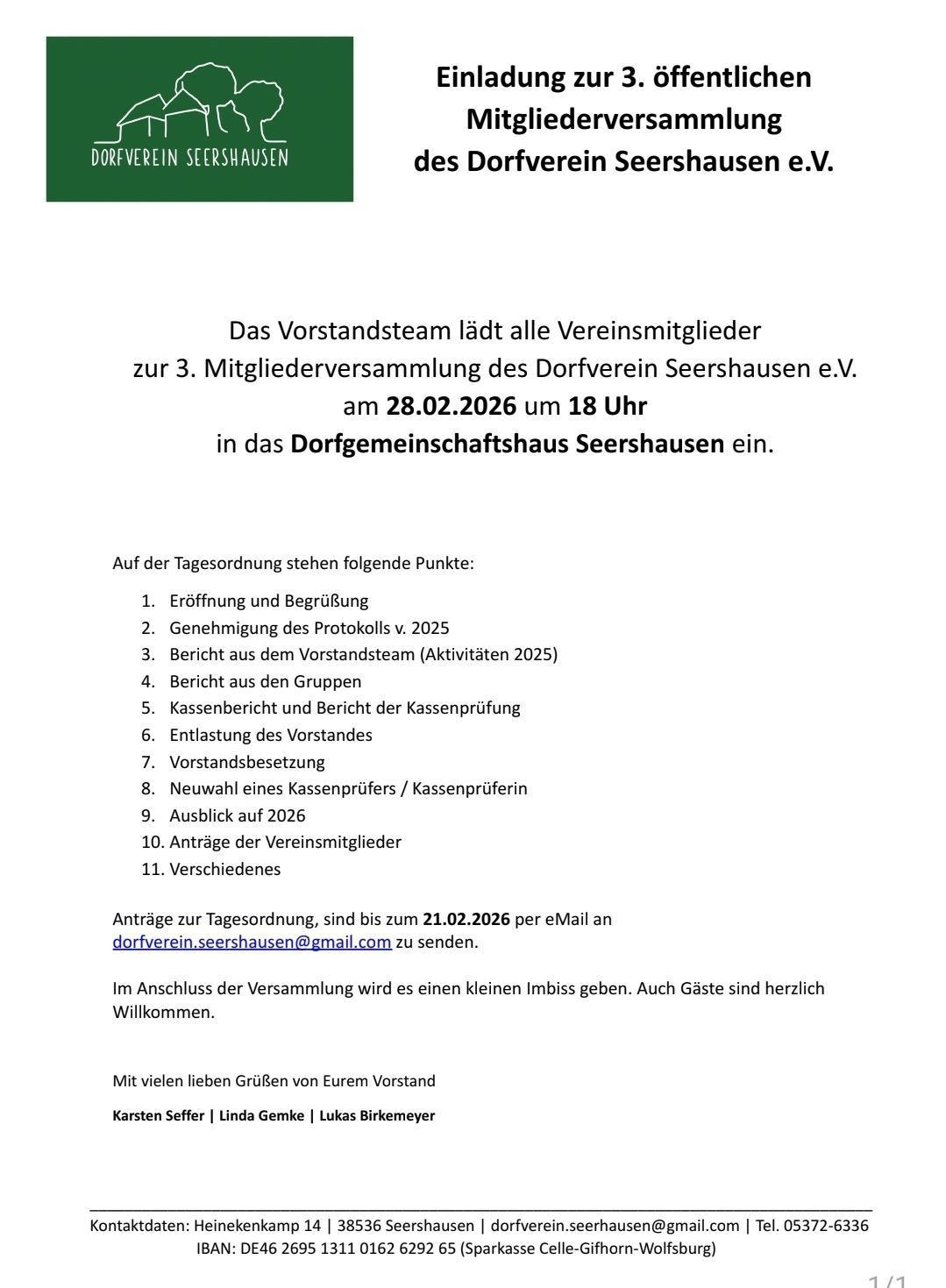  3. öffentlichen Mitgliederversammlung des Dorfverein Seershausen e.V.