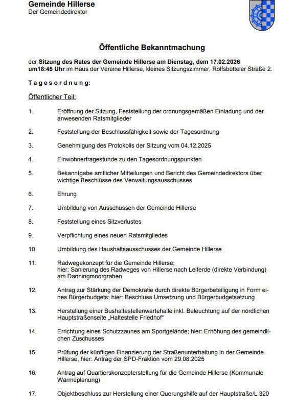 Hillerse: Sitzung des Rates der Gemeinde Hillerse am 17.02.26