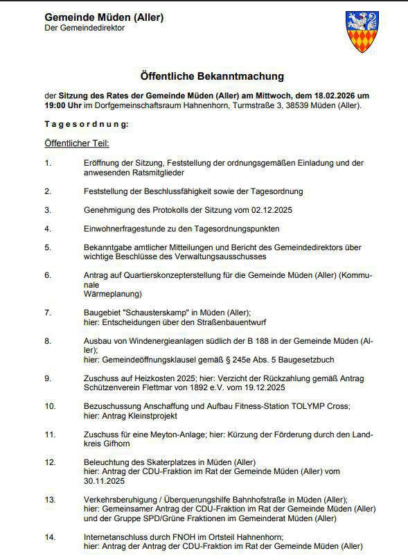 Müden: Sitzung des Rates der Gemeinde Müden am 18.02.26
