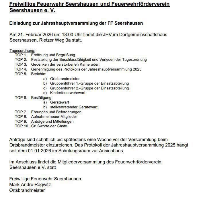JHV der FF Seershausen und vom Feuerwehrförderverein Seershausen e.V. am 21.02.26