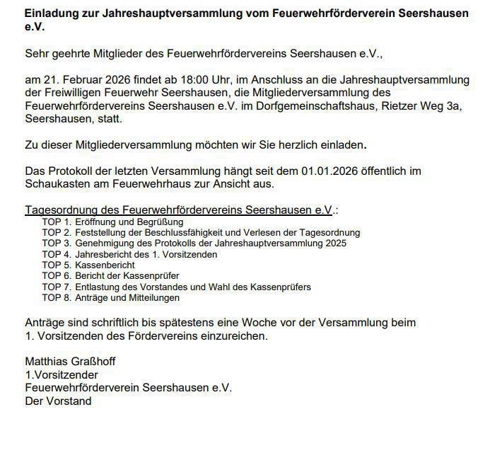 JHV der FF Seershausen und vom Feuerwehrförderverein Seershausen e.V. am 21.02.26