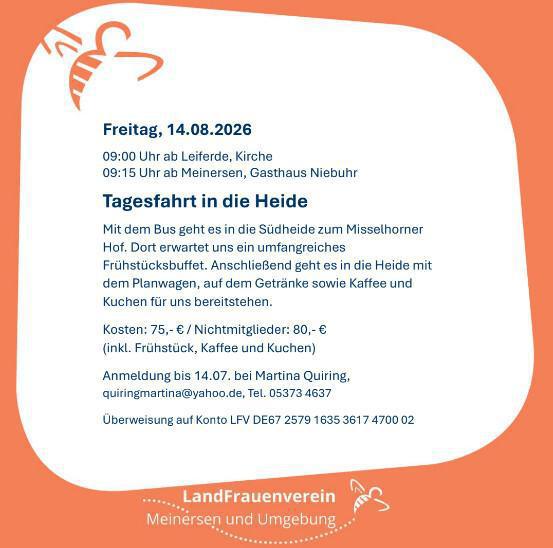 Ankündigungen der Landfrauen Meinersen und Umgebung(Frauenfrühstück/Reise in die Provence/Tagesausflug in die Heide) Ankündigungen der Landfrauen Meinersen und Umgebung(Frauenfrühstück/Reise in die Provence/Tagesausflug in die Heide)