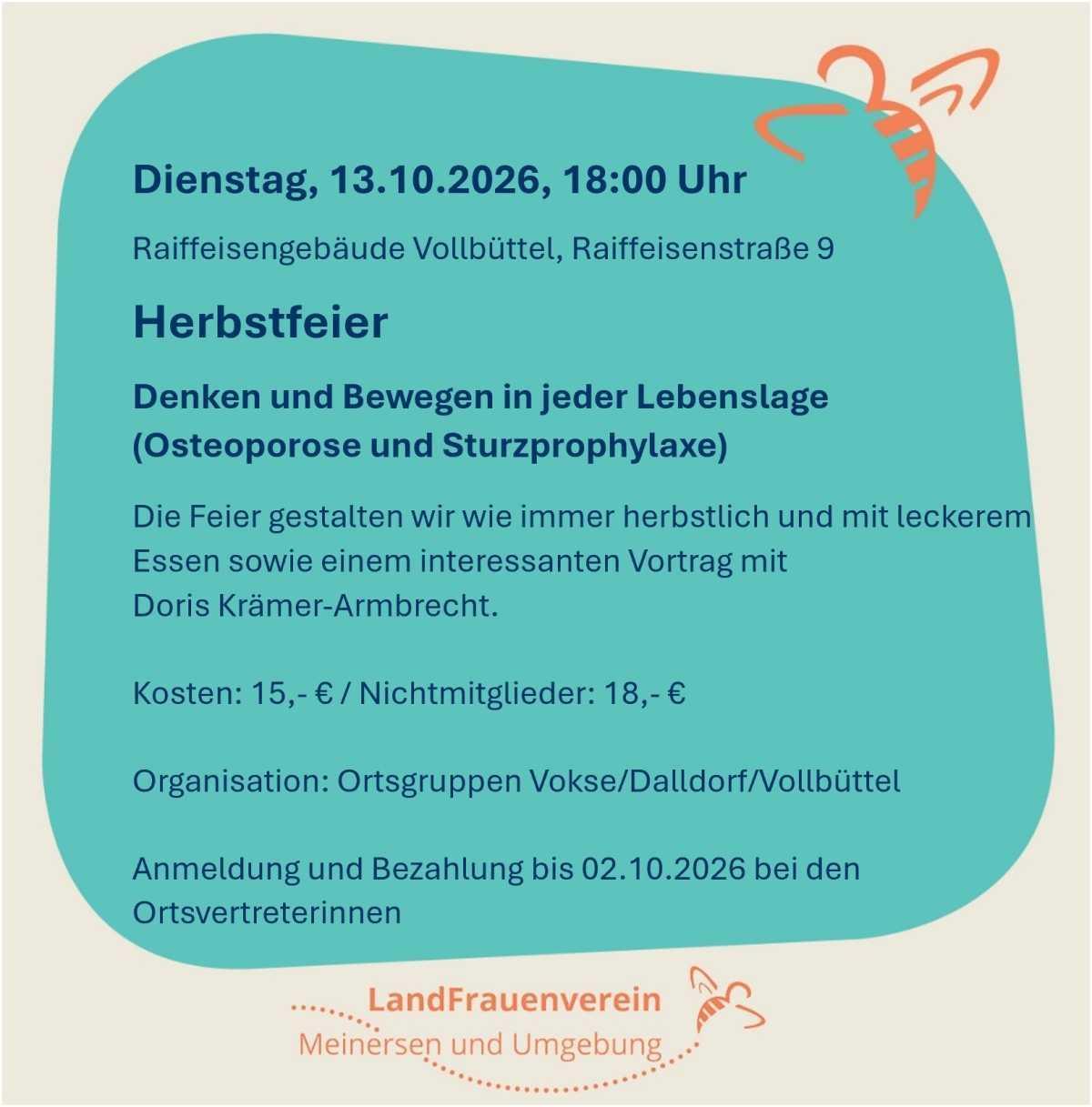 Ankündigungen der Landfrauen Meinersen und Umgebung(Perlenschmuck-Workshop/Herbstfeier/Glühwein-Abend)